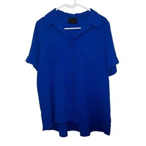 AMANA Women Royal Blue Button Up Short Sleeve Collared Blouse XL Flowy Top